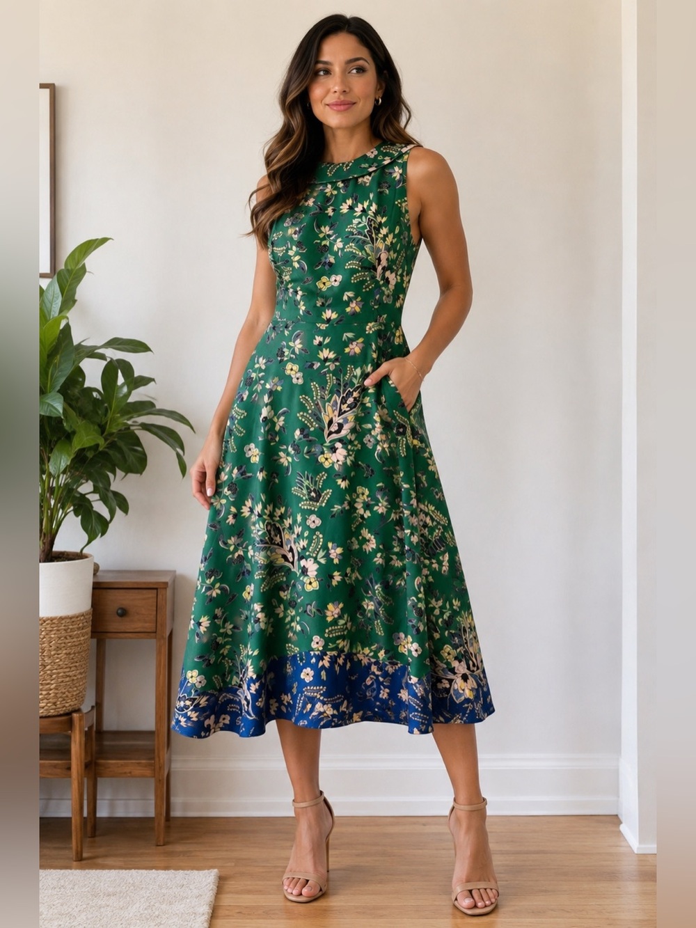 *NEVER WORN* Vince Camuto Green Floral Midi Dress with Blue Hem